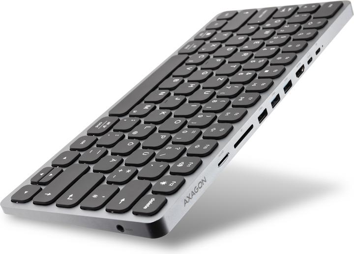 Actual product image Axagon HMC-KB keyboard USB-C 5Gbps with HUB, microSD/SD, 3x USB-A, HDMI 4K/60Hz, PD 100W, Audio, DE (DE, Cable)
