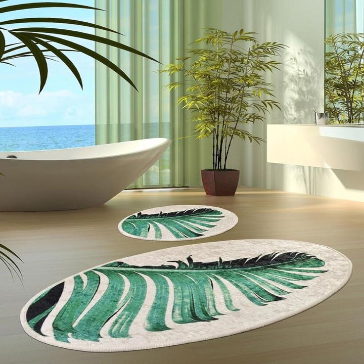 Miqna Ovales Badezimmerteppich- Set mit Feder-Motiv 60x100 cm und 50x60 cm (60 x 100 cm, 50 x 60 cm)