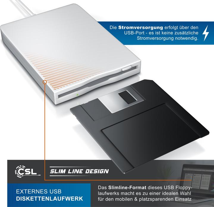 Image du produit CSL Lecteur de disquette USB externe, lecteur de disquette USB FDD 1,44MB (3,5) pour PC & MAC, blanc (lecteur de disquettes)