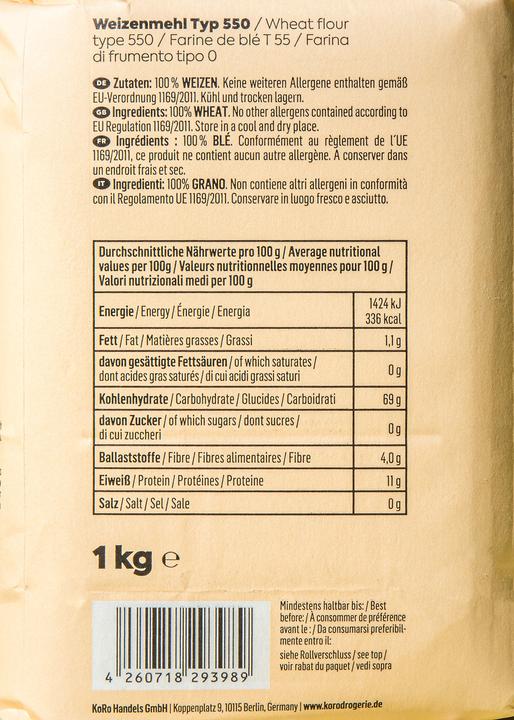 Valeurs nutritives et ingrédients KoRo Farine de blé type 550 (10000 g)