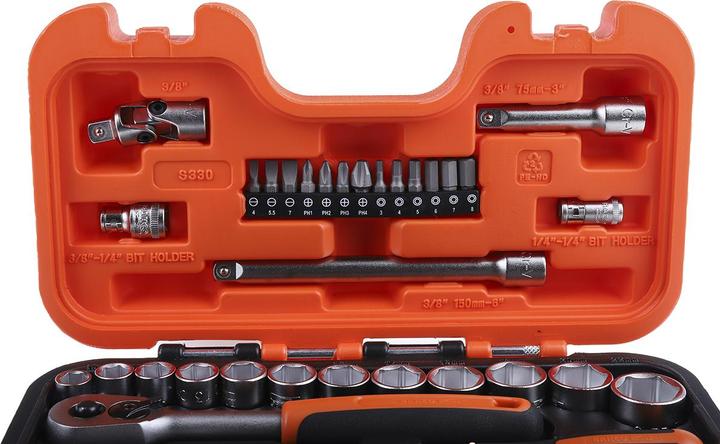 Image du produit Bahco 1/4"- und 3/8"-Steckschlüssel-Satz, metrisch, Sechskant, inklusive Umschaltknarre - 34-teilig (3/8")
