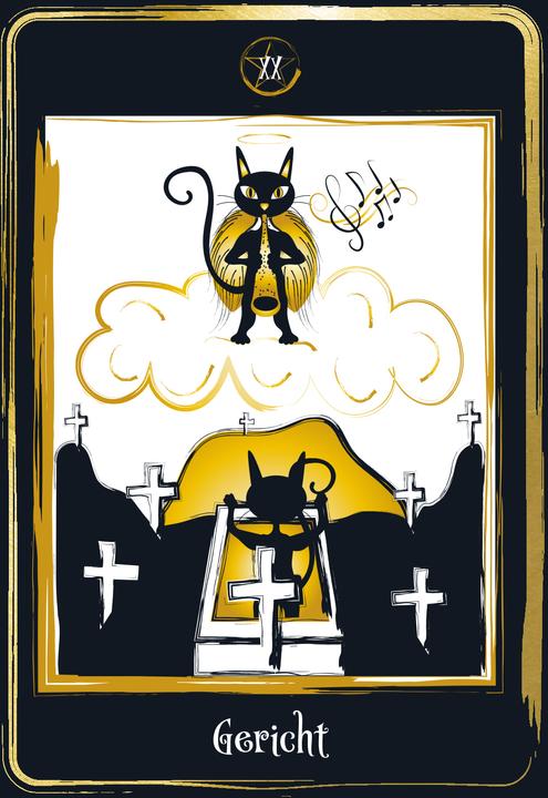 Actual product image Golden Black Cat Tarot - Hochwertige Stülpdeckelschachtel mit Goldfolie (German, Helena de Almeida, 2022)