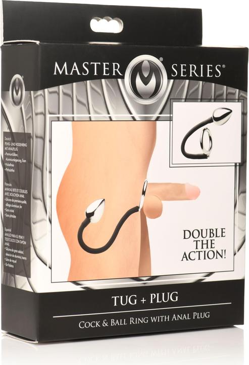 Actual product image Master Series XR Brands - Tug + Plug Cock & Ball Ring with Anal Plug - Black & Silver (5 cm)
