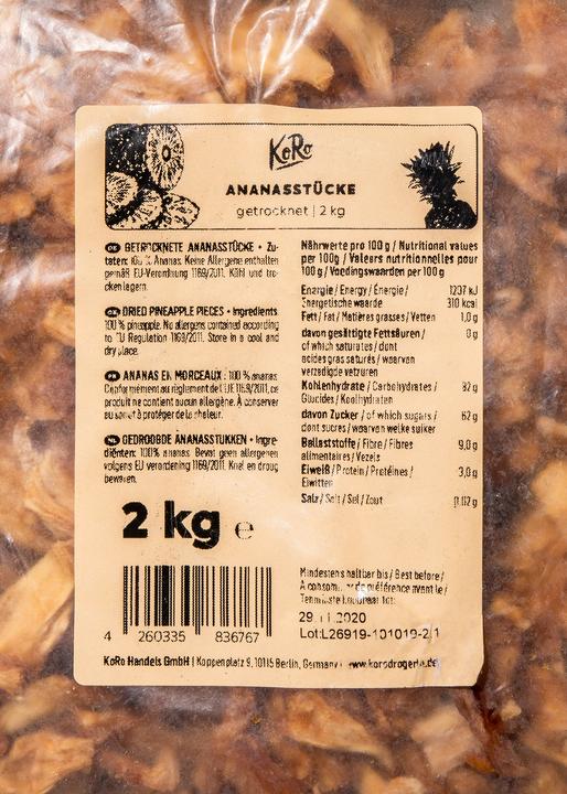 Valeurs nutritives et ingrédients KoRo Morceaux d'ananas séchés (2000 g)