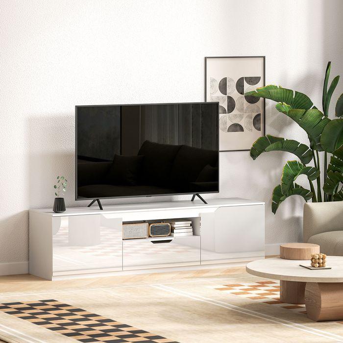 Immagine prodotto Swisshandel24 Hochglanz TV-Lowboard für Fernseher bis 65 Zoll, 3 Fächer, Schublade, Weiss (160 x 38 x 43 cm)