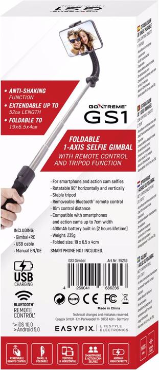 Produktbild Easypix GoXtreme GS1 1-AXIS Selfie Gimbal für Smartphone (Actionkamera, Smartphone, 0.30 kg)