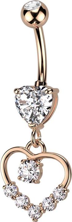 Star Piercing Banane rosegold mit Kugel und Herz Kristall silber Anhänger Herz sechs Kristalle (Messing, Chirurgenstahl 316L)