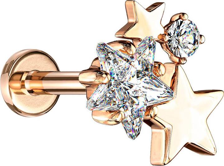 Actual product image Star Piercing Micro Labret internal thread rose gold stars with crystal (Brass, Surgical steel 316L)