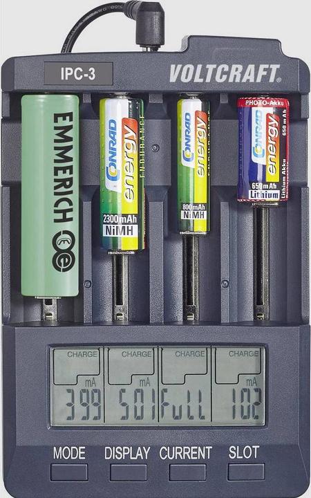 Actual product image Voltcraft IPC-3 + HR03 SE + HR6 SE Round cell charger LiIon, NiCd, NiMH 10440, 14500, 16340, 16650, 17355 (1 pcs., 10440, 14500, 16340, 16650, 17355, 17500, 17670, 18490, 18500, 18650, 22650, 26500, 26650, A, Sub-C, RCR123A, AA, AAA, 2750 mAh, Battery + charger)