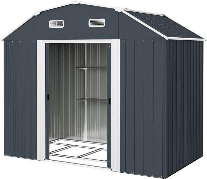 Swisshandel24 Gerätehaus Stahl 2,7m² UV-Schutz 2 Schiebetüren Regal Fundament Dunkelgrau 238x132x198,5cm