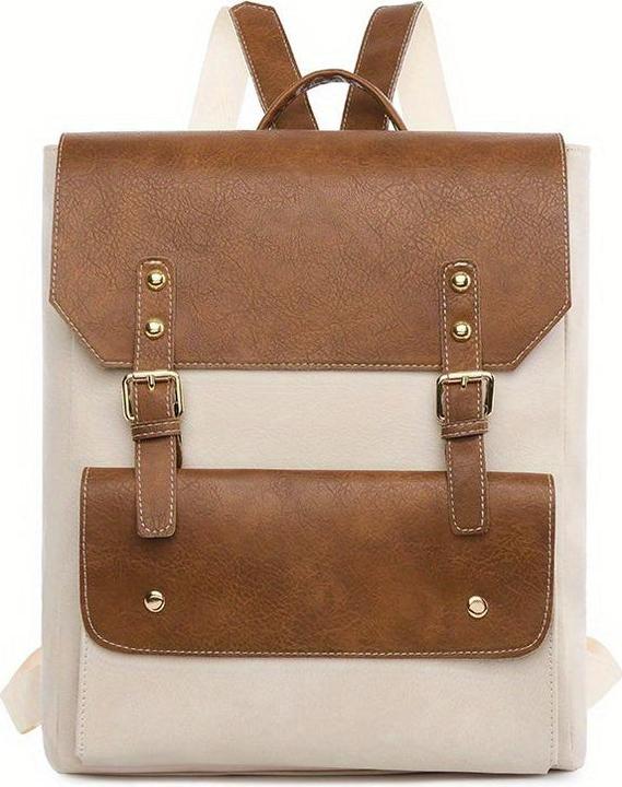 Actual product image Only-Bags.Store Vintage buckle decor flap backpac, preppy style school bag, solid colour laptop daypack