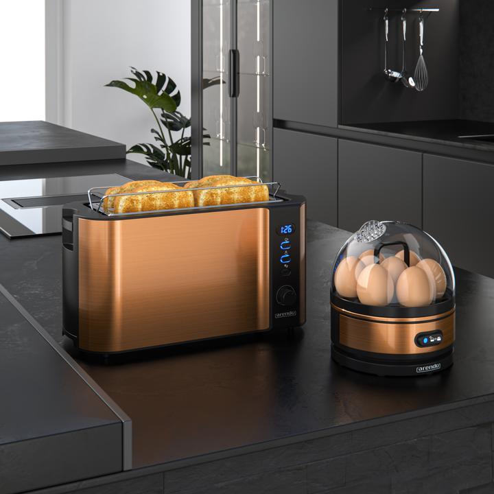 Produktbild Arendo Frühstücks Set, 4-Scheiben Langschlitz Toaster mit Brötchenaufsatz & Eierkocher für 7 Eier, Kupfer