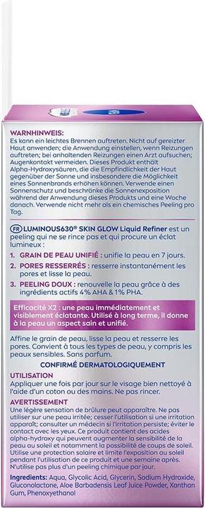 Valeurs nutritives et ingrédients NIVEA Luminous630® Skin Glow Liquid Refiner (Gommage, 100 ml)