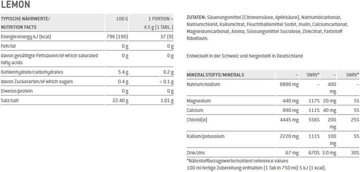 Nutritional values and ingredients Sponser Electrolytes (Lemon, 12 pcs., 540 g)