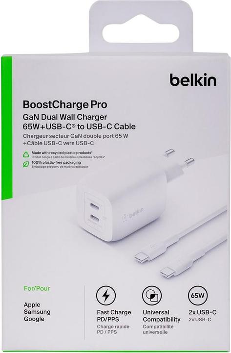 Image du produit Belkin Dual USB-C GaN Ladegerät mit Power Deliver und PPS Technologie inkl. 2 Meter USB-C Kabel (65 W)