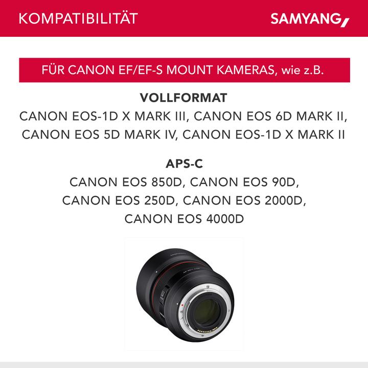 Image du produit Samyang AF 85mm f/1.4, Canon EF (Canon EF, Canon EF-S, APS-C / DX, Plein format)