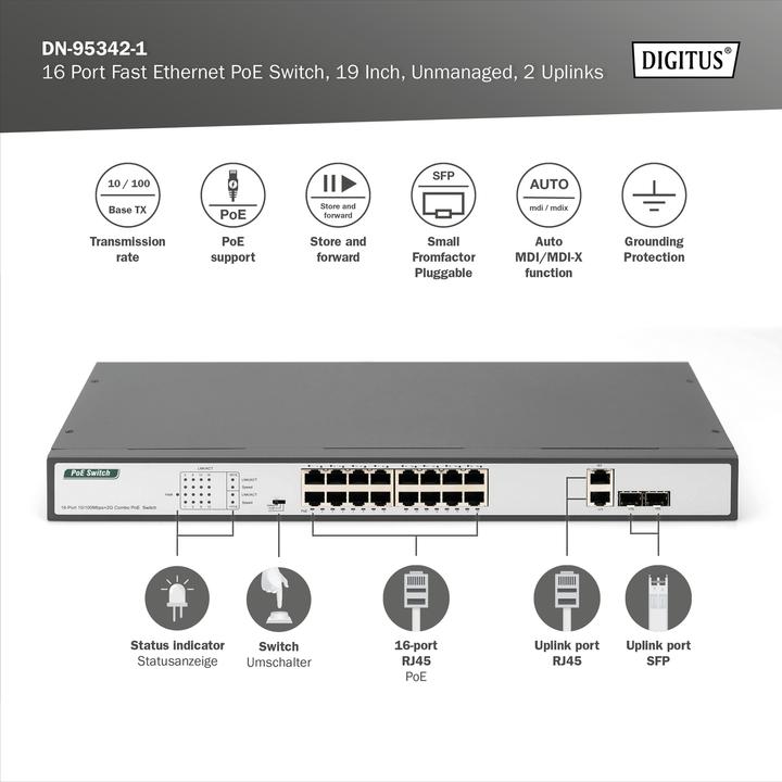 Produktbild Digitus 16-Port Fast Ethernet PoE Switch, 19 Zoll, Unmanaged, 2 Uplinks (16 Ports)