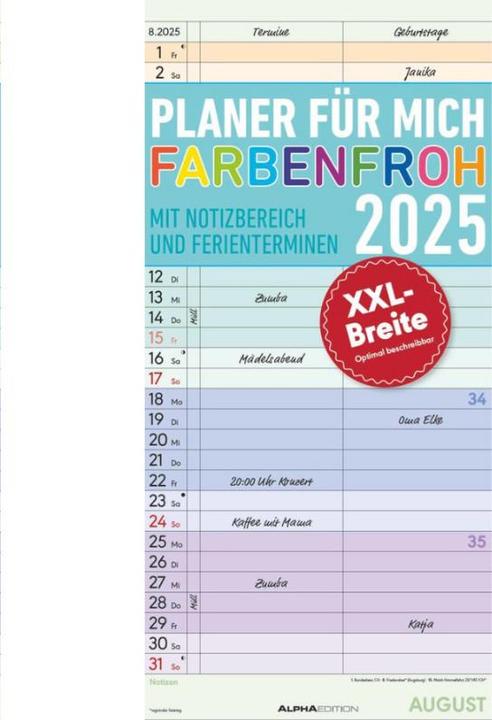 Produktbild Alpha Edition Planer für mich XL 2025 Familienplaner, 22x45cm, Familienkalender mit 2 Spalten für (22 x 45 cm, Harter Einband, Deutsch)