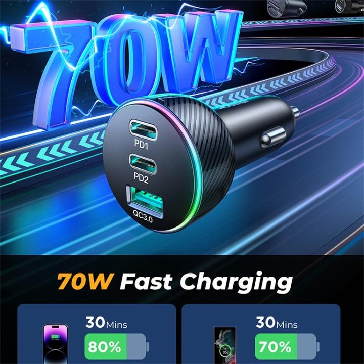Immagine prodotto Joyroom Caricatore da auto PD multicolore con USB-A+ 2 x USB-C 70W - Nero