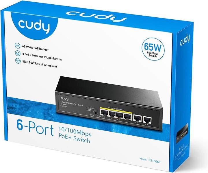 Actual product image Cudy FS1006P network switch Fast Ethernet (10/100) Power over Ethernet (PoE) Black (6 Ports)