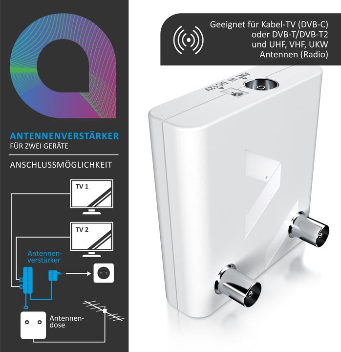 Produktbild Aplic TV Antennenverstärker, DVB-T2, Kabel TV, Radio Verstärker, 2x 13 dB Signalverstärkung, 2x IEC Output (Verstärker)
