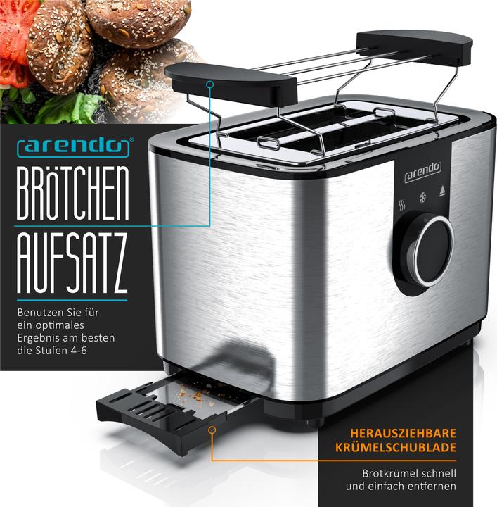 Actual product image Arendo Toaster for 2 slices 850 W, LED display, stainless steel, rotary knob, 7 browning levels, bun (EU plug)