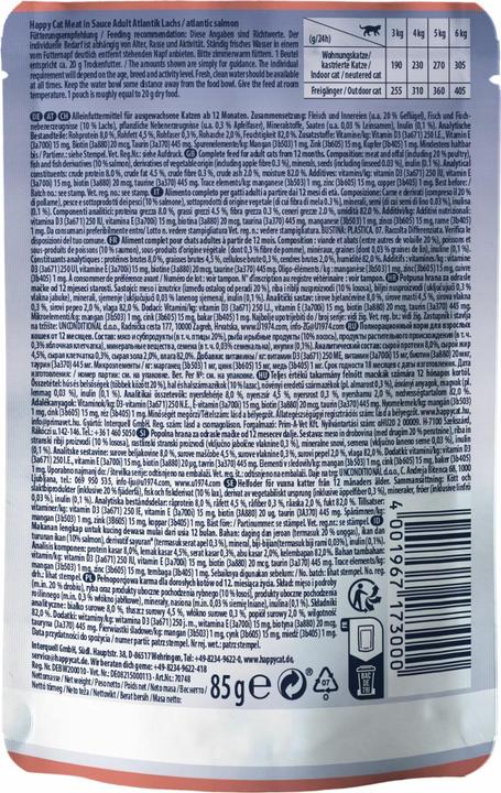 Valori nutrizionali e ingredienti Happy Cat Cibo umido Culinary Meat in Sauce 85 g (Adulto, 1 pz., 85 g)