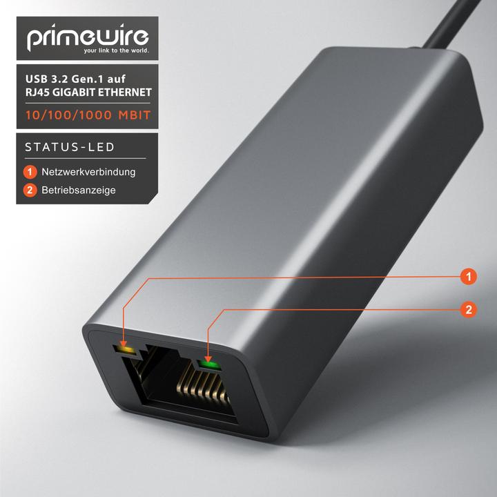Immagine prodotto Primewire Adattatore di rete da USB tipo A a RJ-45 Ethernet, adattatore di rete USB 3.2 esterno con porta (USB-C 3.2 Gen 1, RJ45 (1x))