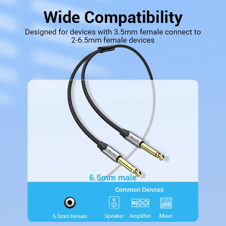 Actual product image Vention Cable mini jack 3.5 mm to 2x jack 6.5 mm BARHG 1.5m (grey) (1.50 m, 3.5mm jack (AUX))