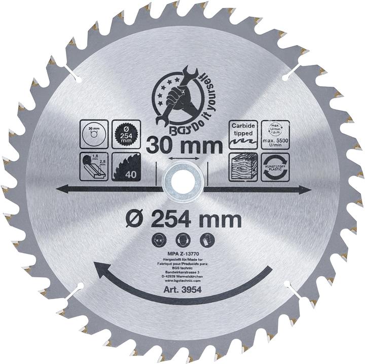 BGS Hardmetalen cirkelzaagblad | Ø 254 x 30 x 3,2 mm | 40 tanden
