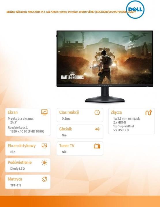 Actual product image Dell Alienware AW2523HF (1920 x 1080 pixels, 24.50")