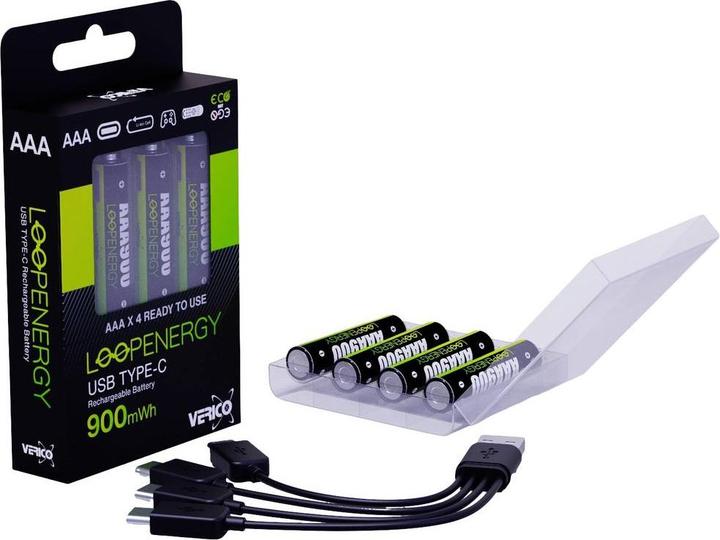 Actual product image Verico Li-Ion USB-C Micro AAA Battery 1.5V 900mWh 600mAh chargeable via USB (4 pcs., AAA, 600 mAh)