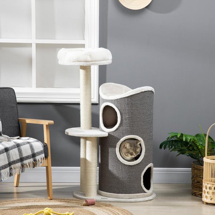 Produktbild PawHut Kratzbaum mit Kratztonne (109 cm, Weiss+Grau)