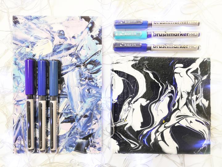 Produktbild Karin PRO - Brush Marker (sapphire blue 189, TURQUOISE 654, violet blue 688, Royal Blue 045, SKY BLUE 621, PLUM 197, arctic blue 264, indigo blue 169, cyan 207, EGYPTIAN BLUE 305, LILAC 226, Cool Aqua 204, 12 x)