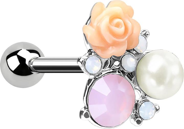 Star Piercing Micro Barbell silber Blume mit Opalkristall und Perle (Chirurgenstahl 316L, Messing)