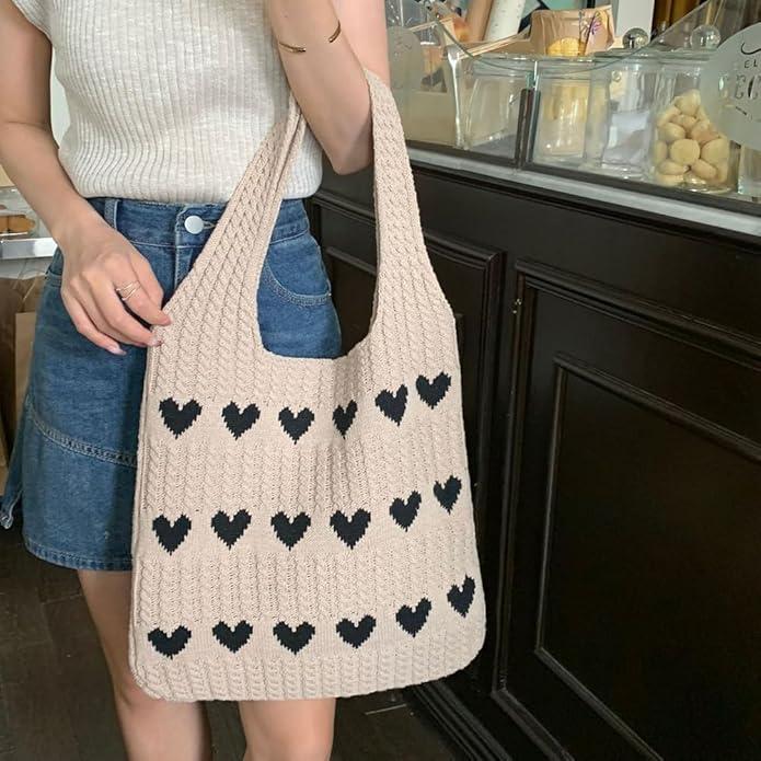 Image du produit Only-Bags.Store Sac hobo minimaliste avec motif d'amour, sac à provisions tricoté, sac de vacances léger