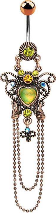 Star Piercing Banane rosegold mit Kugel und Kugel Kristall grün Anhänger Vintage Herz (Messing, Chirurgenstahl 316L)