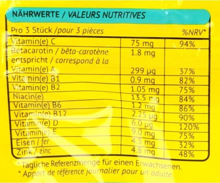 Nährwerte und Zutaten Supradyn pro junior immuno Toffees (1 Stück, Toffees, 655 g)