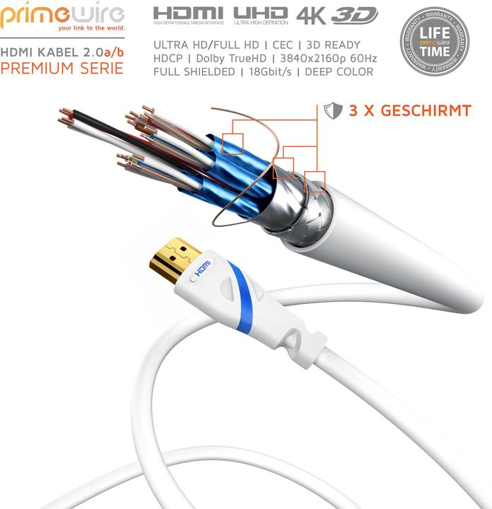 Image du produit Primewire Câble HDMI 2.0b, type A, Ultra HD Highspeed 4K 60Hz, Full HD, 3D, ARC, 18 GBit/s, triple blindage (0.25 m, HDMI)