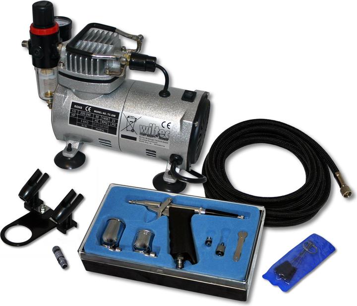 Wiltec Set di compressori per aerografo per principianti AS18-2 Pistola per aerografo DA116 accessori