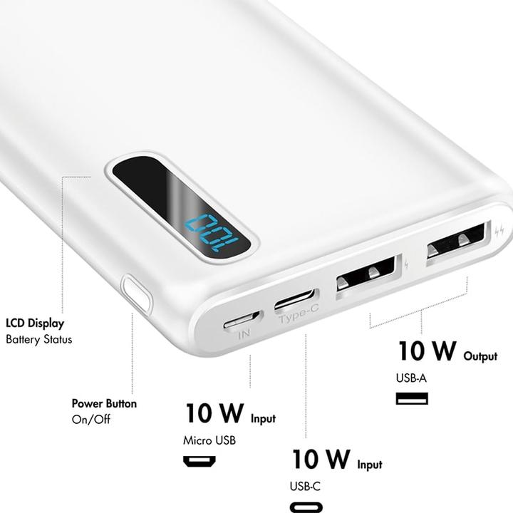 Produktbild LogiLink Powerbank 10000 mAh, 2x USB-A, 2-in-1 Kabel, mit Display, weiss (10000 mAh)