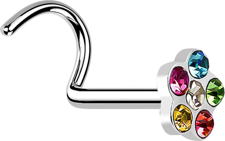 Produktbild Star Piercing Nasenstecker gebogen silber mit Blume und 5 Kristalle farbig (Chirurgenstahl 316L)