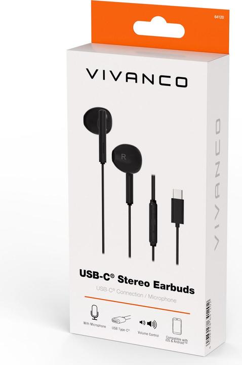 Actual product image Vivanco USB-C Capsule in-ear stereo headset, black, wired incl. remote control (Cable)