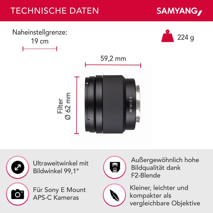 Actual product image Samyang AF 12mm f/2.0 Sony E-Mount (Sony E, APS-C / DX)