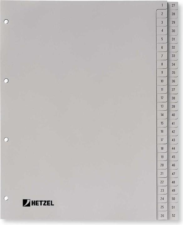 Image du produit Rexel HETZEL registres plastiques, numéros, A4, 1-52, PP, gris 52 parties, 0,11 mm, perforation :