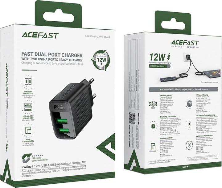 Actual product image Acefast A86 mains charger 2x USB-A 12W - black (12 W)