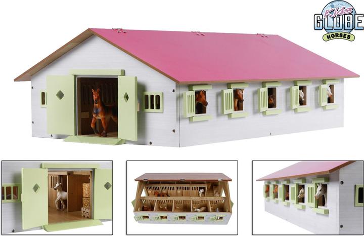 Produktbild Kids Globe Farming Van Manen Kids Globe Reiterhof Set 1:32 Pferdestall 9 Boxen 4 Pferde 4 Heuballen