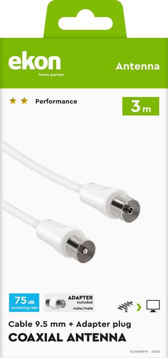 Image du produit Ekon Câble d'antenne mâle / femelle + adaptateur 75dB (Câble d'antenne)