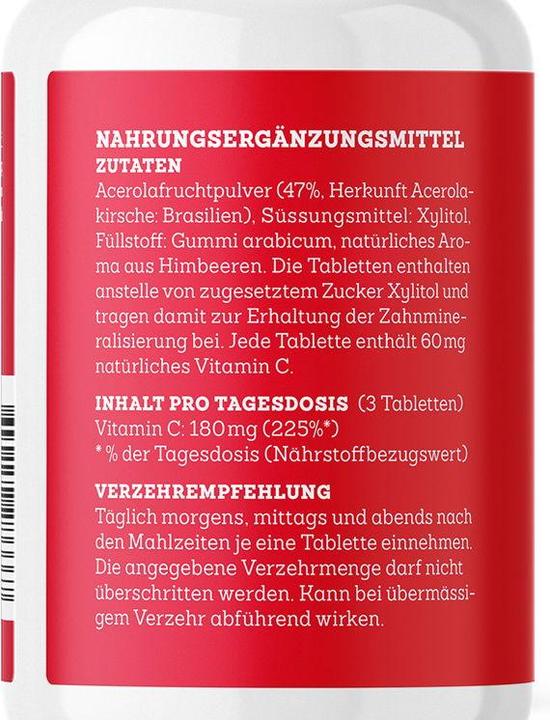 Valeurs nutritives et ingrédients Effective Nature Acérola avec vitamine C 150 comprimés à sucer (150 pièce(s))