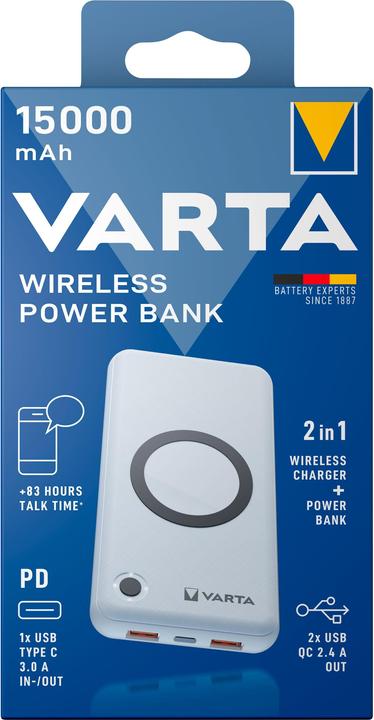 Image du produit Varta Banque de puissance sans fil + câble de recharge (15000 mAh, 20 W, 55.50 Wh)